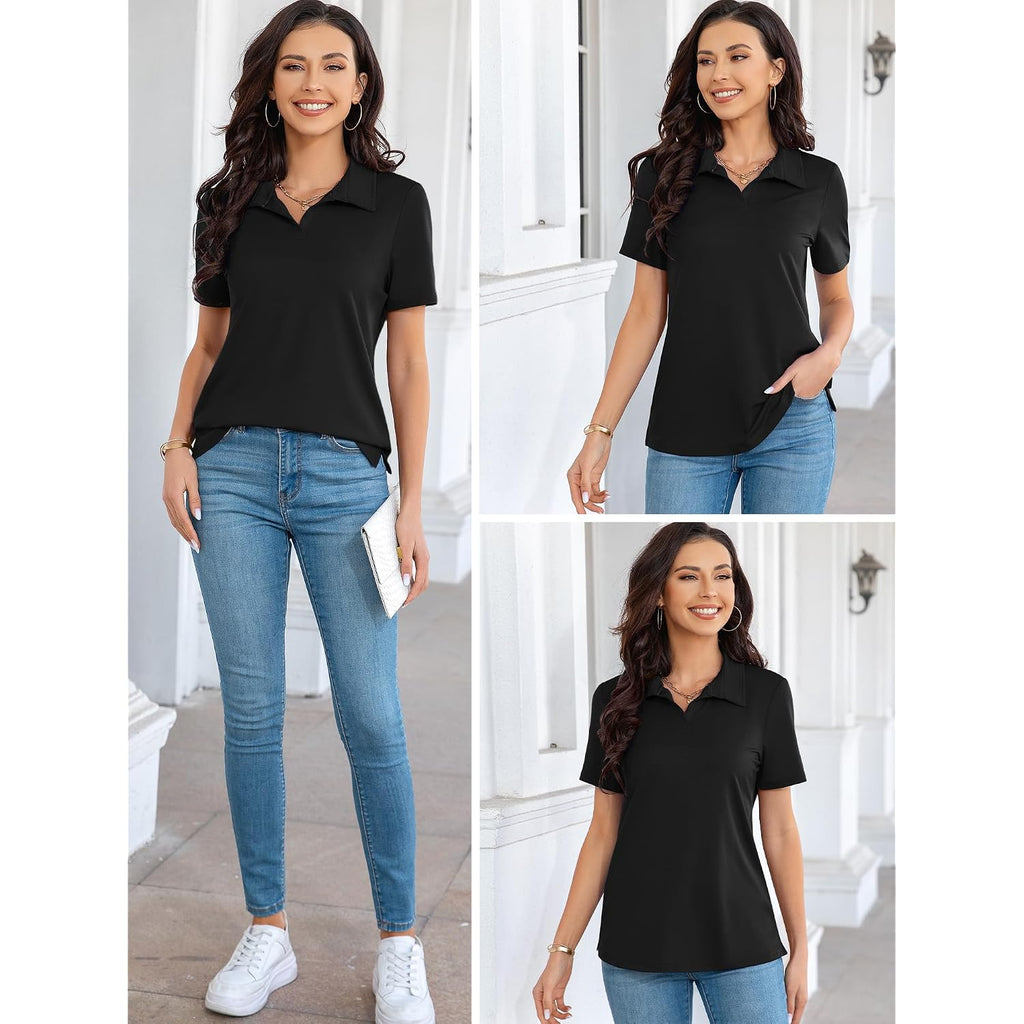 Polo Shirts For Women Business Casual Work Lapel Collared Tops V Neck Summer Golf Polos Tunic Blouse