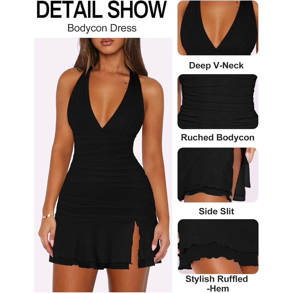 Women Sexy Halter Deep V Neck Ruched Bodycon Dress Summer Side Slit Mesh Hem Cocktail Club Party Short Mini Dresses