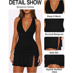Women Sexy Halter Deep V Neck Ruched Bodycon Dress Summer Side Slit Mesh Hem Cocktail Club Party Short Mini Dresses