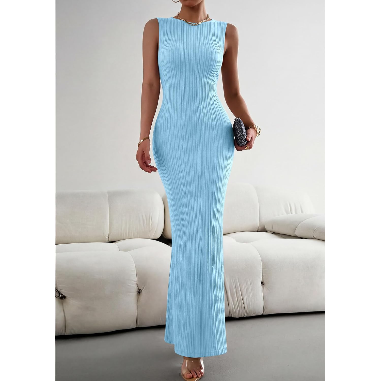 Prettygarden Women'S 2026 Summer Casual Maxi Dresses Ribbed Knit Sleeveless Bodycon Elegant Going Out Beach Vacation Clothes