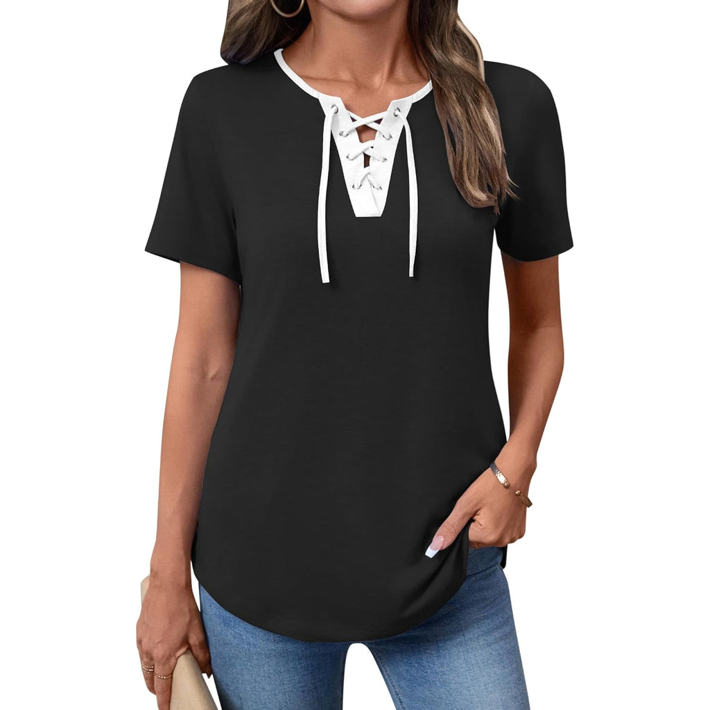 Womens Criss Cross Short Sleeve T-Shirts V-Neck Floral Summer Blouse Tops