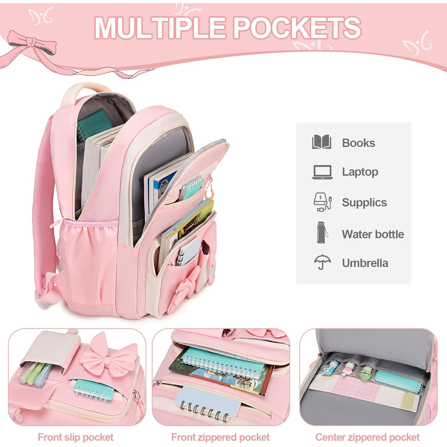 Backpack For Girls, 3Pcs Girls Backpack For School With Lunch Bag Pencil Case, Cute Kids Teens Bookbag For Kindergarten Elementary Preschool Middle School (Pink)