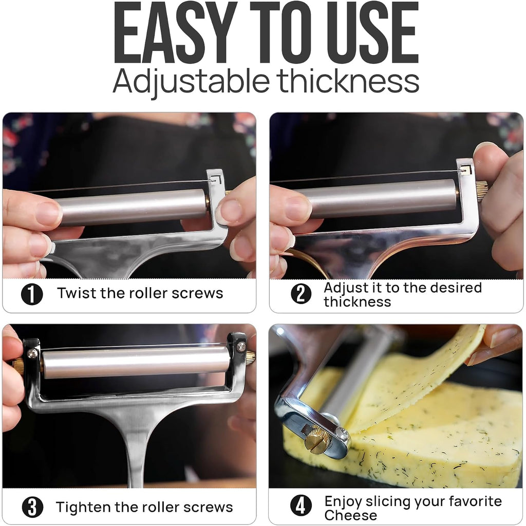 Zulay Kitchen Stainless Steel Wire Cheese Slicer - Adjustable Hand Held Cheese Cutter With 2 Extra Wires - Premium Cheese Knife For Mozzarella, Cheddar, Gruyere - Cheese Cutter With Wire (Silver)