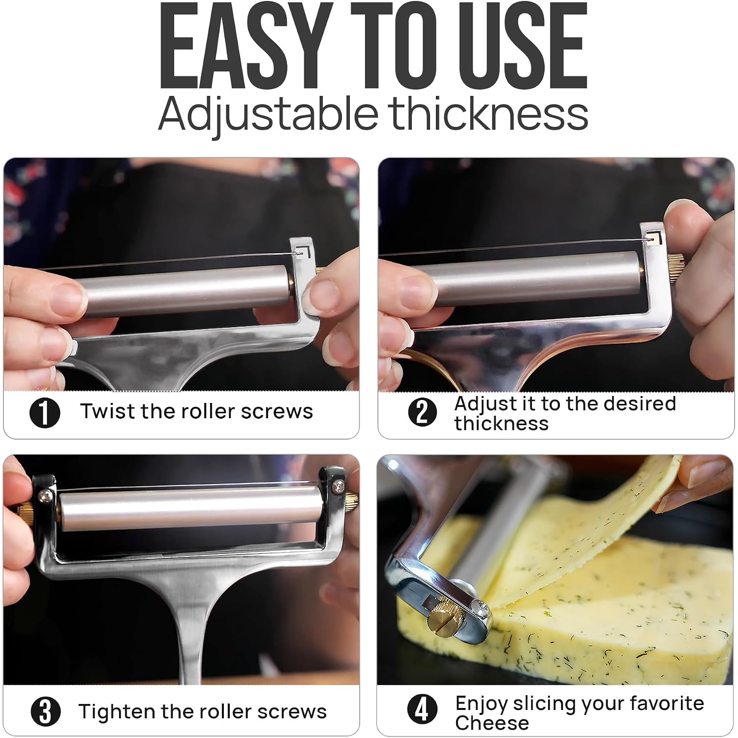 Zulay Kitchen Stainless Steel Wire Cheese Slicer - Adjustable Hand Held Cheese Cutter With 2 Extra Wires - Premium Cheese Knife For Mozzarella, Cheddar, Gruyere - Cheese Cutter With Wire (Silver)