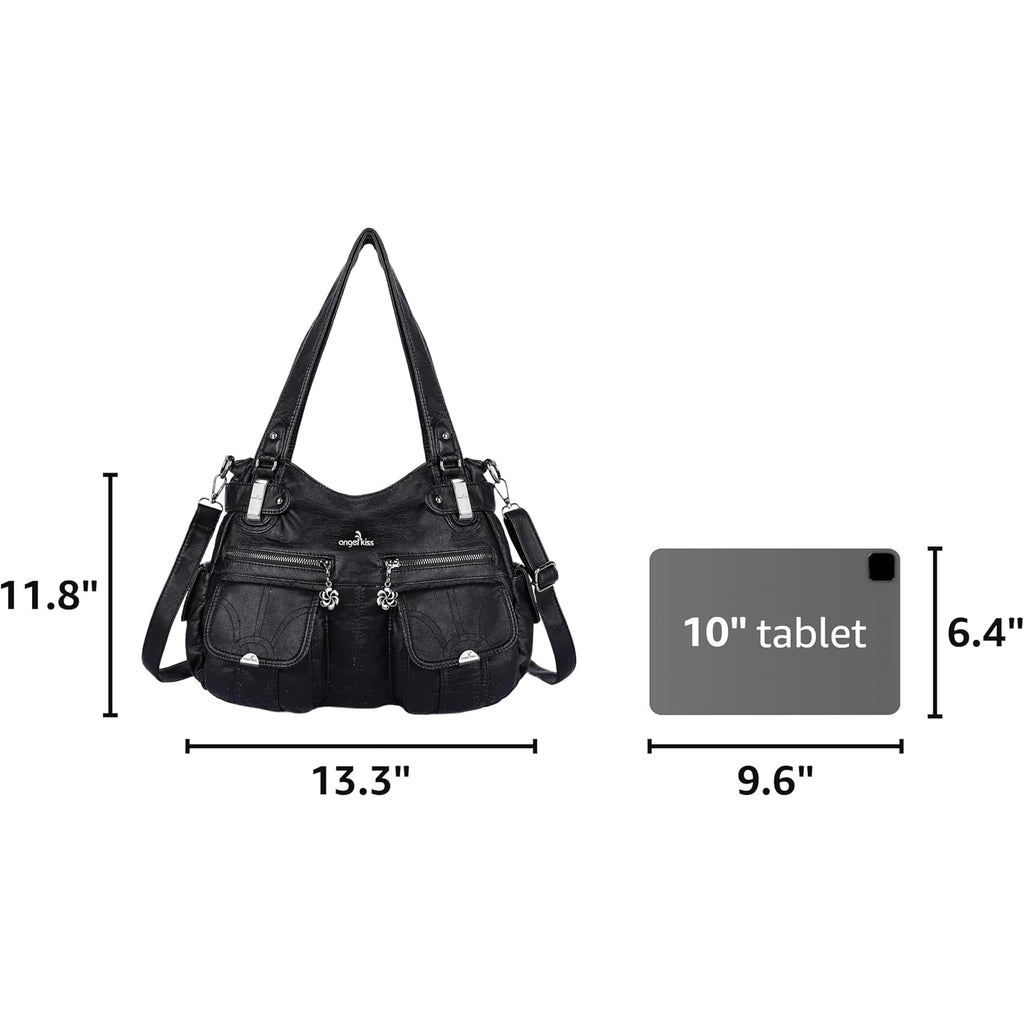 Angel Kiss Women'S Designer Handbag Large Double Zipper Multi Pocket Washed Leather Purse