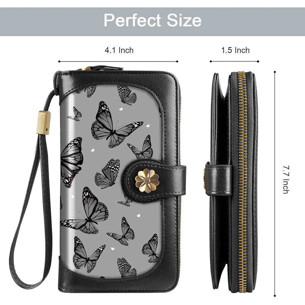Coco Rossi Women Wallets Multi Card Case Wallet Clutch Wallet Card Holder Organizer Ladies Purse Wrist strap Purse, Black Butterfly