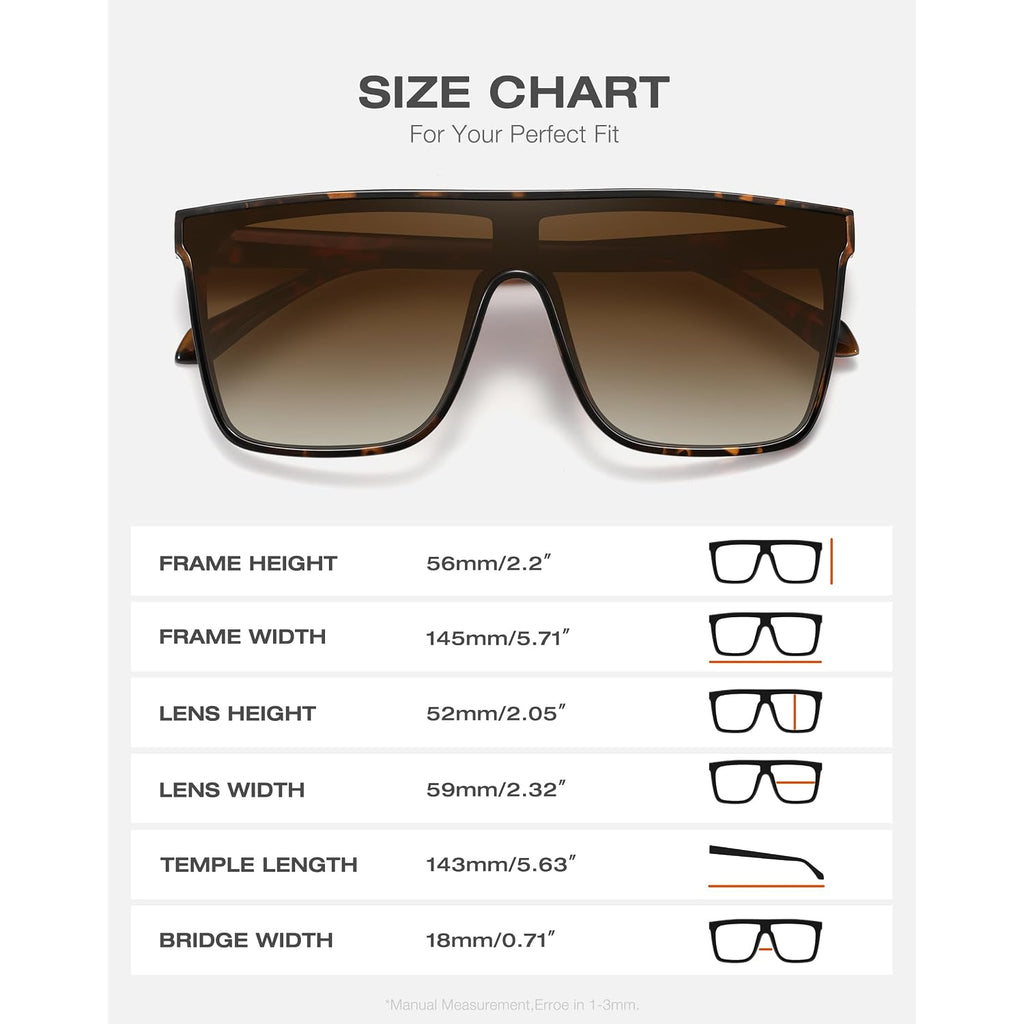 Trendy Square Oversized Sunglasses for Women Men Retro Flat Top Shield Sun Glasses UV Protection Once Piece Lens Tortoise Frame/Brown Lens