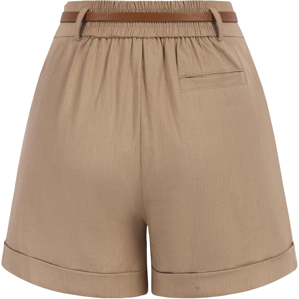 Women Bermuda Shorts Elastic Waist Wide Leg Shorts with Pockets & Belts