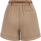 Women Bermuda Shorts Elastic Waist Wide Leg Shorts with Pockets & Belts