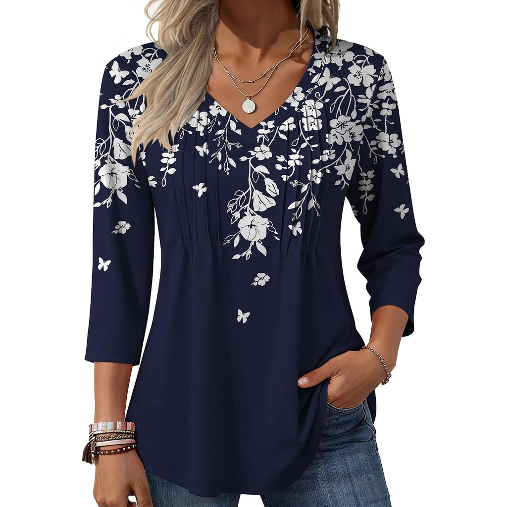 Zeagoo 3/4 Length Sleeve Womens Tops Casual V Neck Pleated Top Boho Floral Blouses Work Shirts