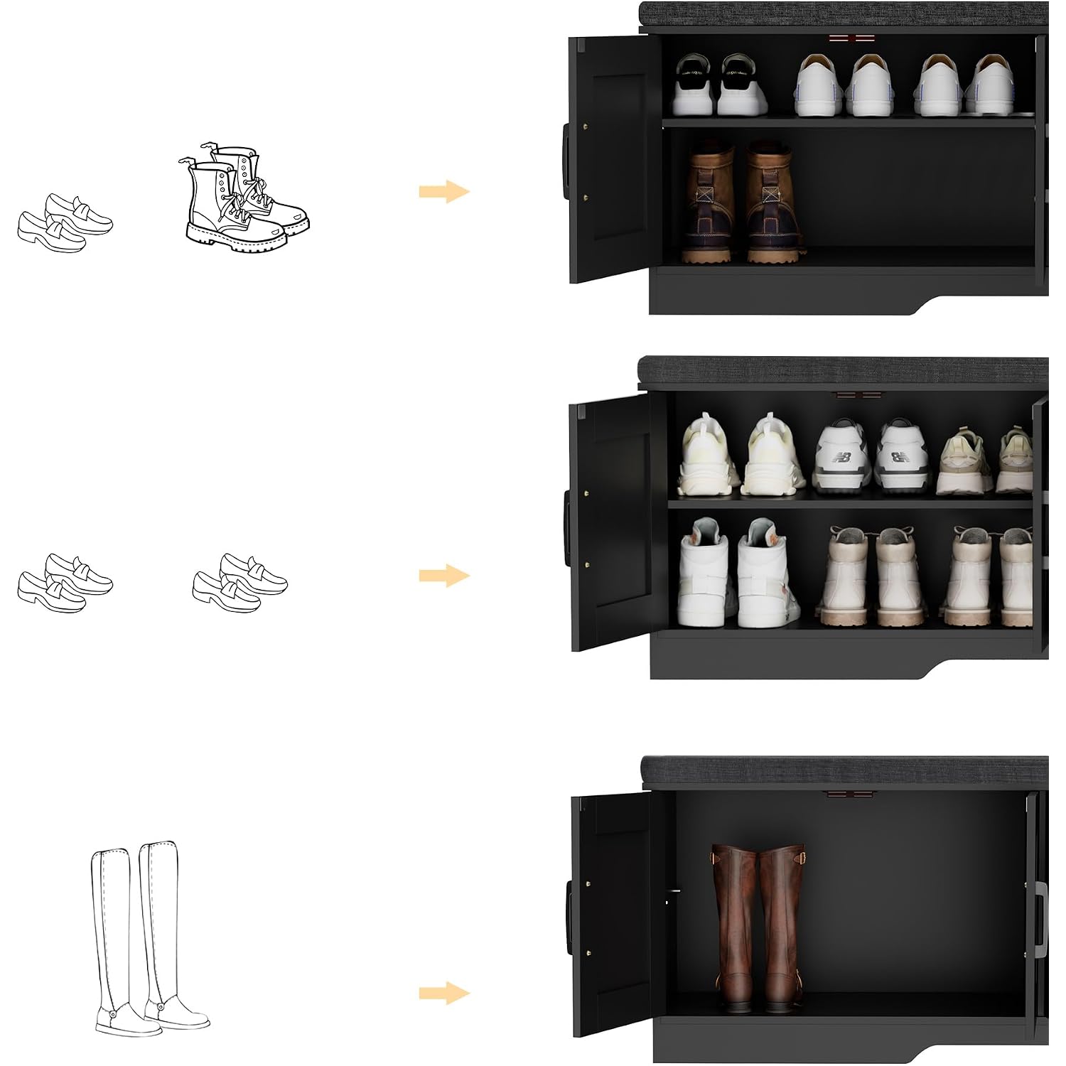 Homsho Farmhouse Shoe Storage Bench With 4 Barn Doors & Padded Seat Cushion | 47.2" Wide Entryway Bench With Adjustable Shelves & Hidden Storage, Black