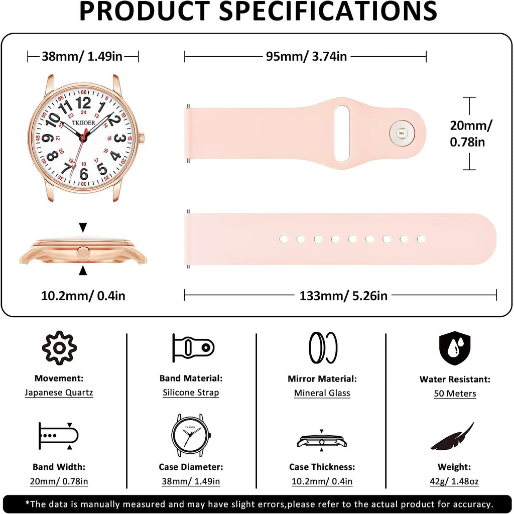 Nurse Watch For Nurse Medical Professionals Students Women Men, 50M Waterproof 12/24 Hour Military Time Luminous Easy Read Dial, Second Hand Watch For Nursing