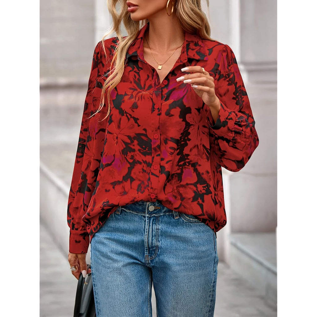 Women's Floral Blouses Dressy Casual V Neck Button Down Shirts Lantern Long Sleeve Boho Chiffon Spring Tops 2026