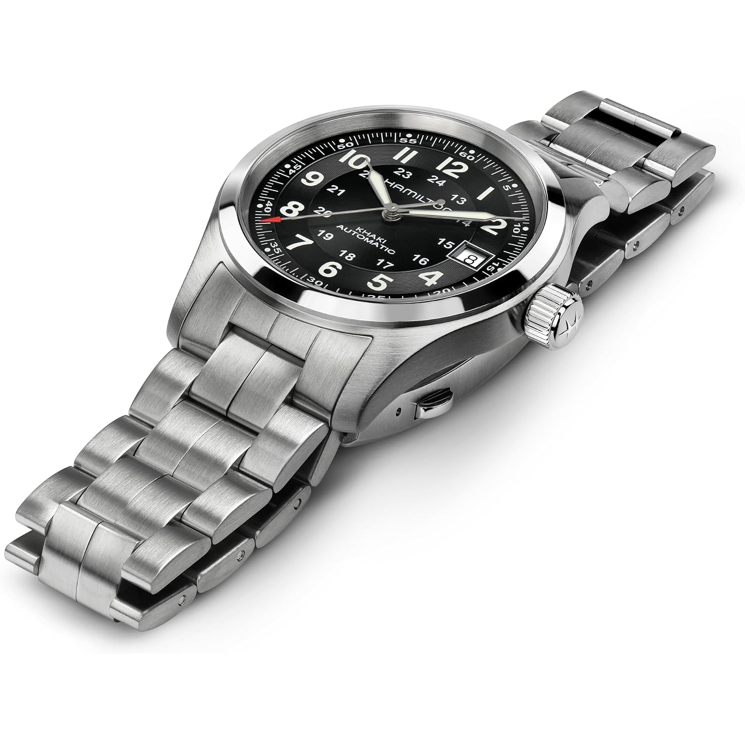 Hamilton Khaki Field Automatic Men'S Watch, 38Mm Stainless Steel Case, Swiss Made, Black Dial Analog Wrist Watch For Men, 100M Waterproof, Sapphire Crystal, 3-Hand Movement, Stainless Steel Strap