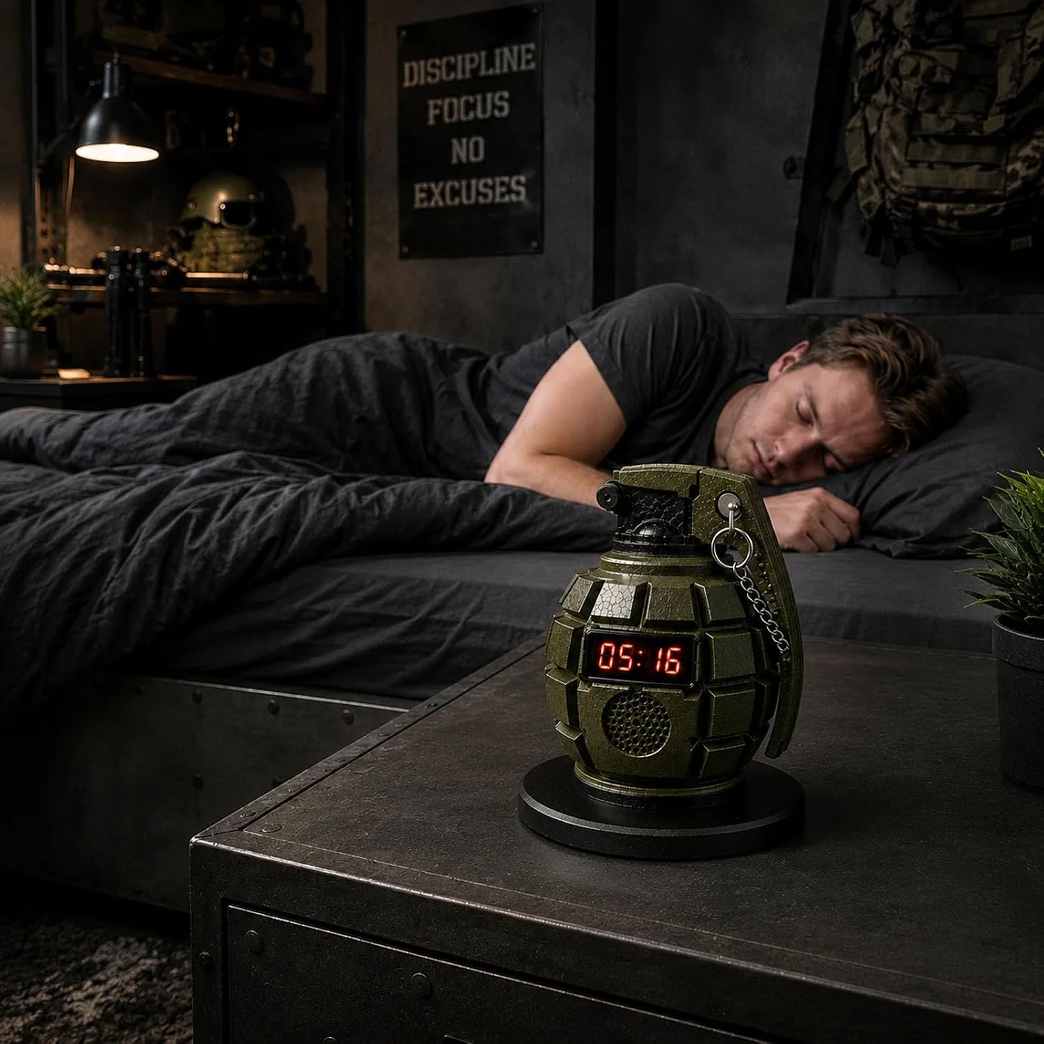 Tactical Military Grenade Alarm Clock With Interactive Safety Pin (1Pc) | Loud Sound Alert Digital Wake Up Clock, Novelty Decor Gift For Man Cave Men Teens Bedroom Office
