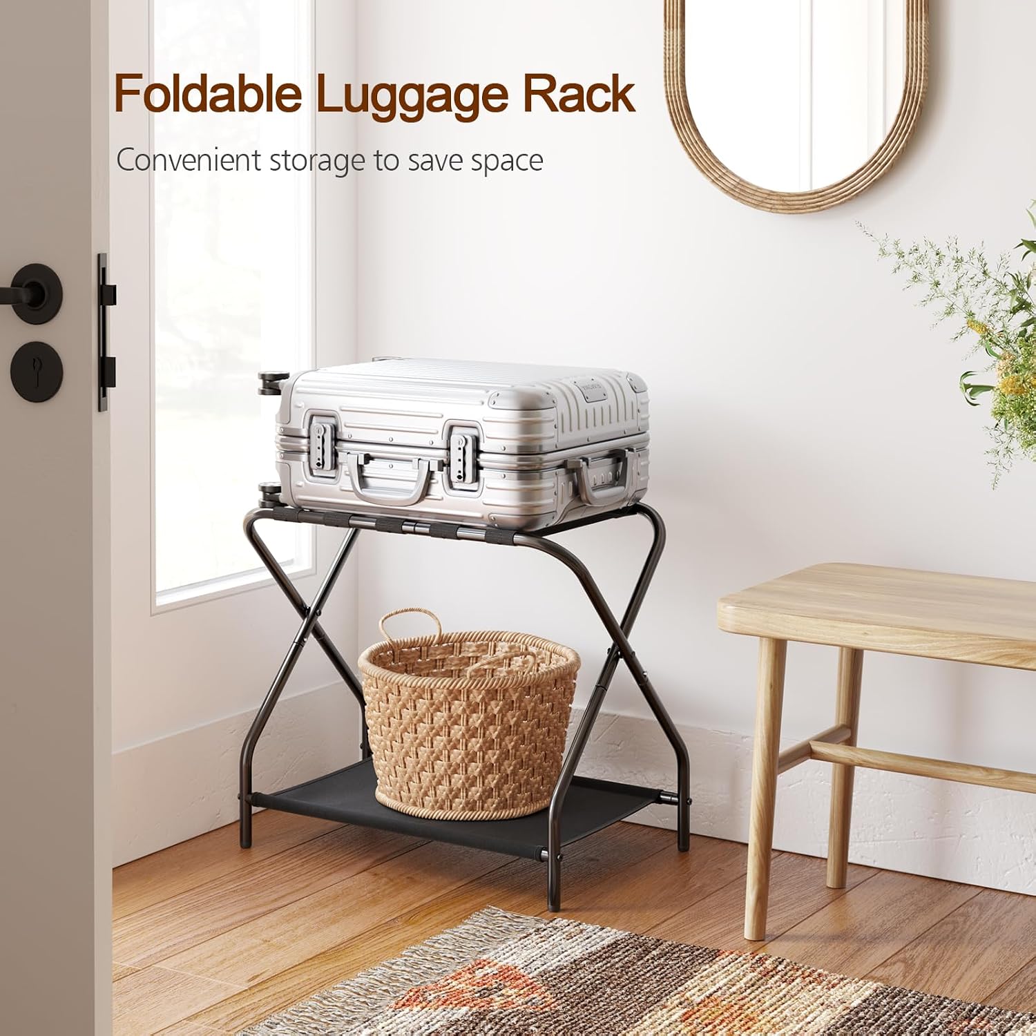 Amhancible Luggage Rack, Set Of 2, Foldable Suitcase Stands For Guest Room, Metal Luggage Holder With Storage Shelf For Bedroom, Hotel, Easy Assemble, Black Hlr02Bk