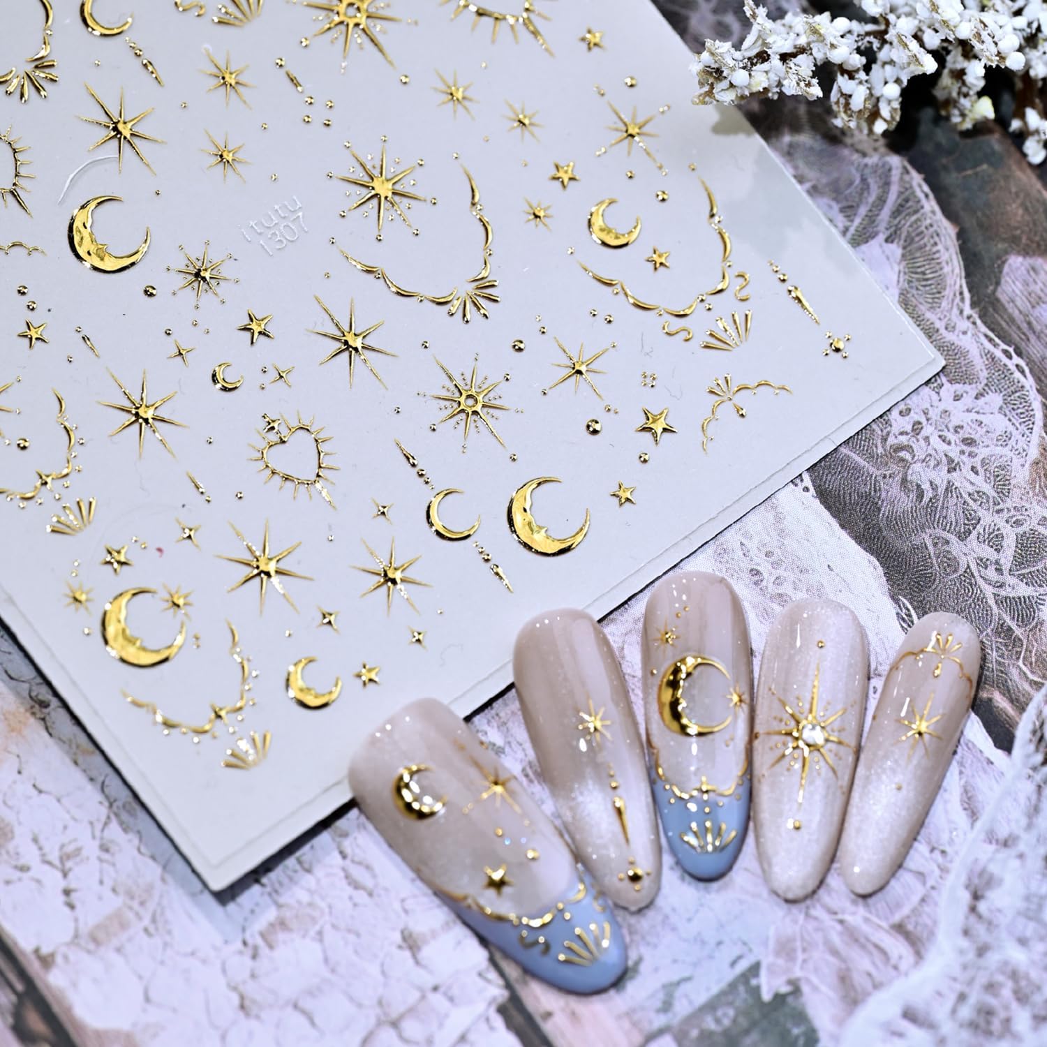 Gold Star Nail Stickers 5D Embossed Nail Art Stickers Decals with Gold Moon Heart Design Nail Stickers for Nail Art Self-Adhesive for Women Nail Art Manicure Decor