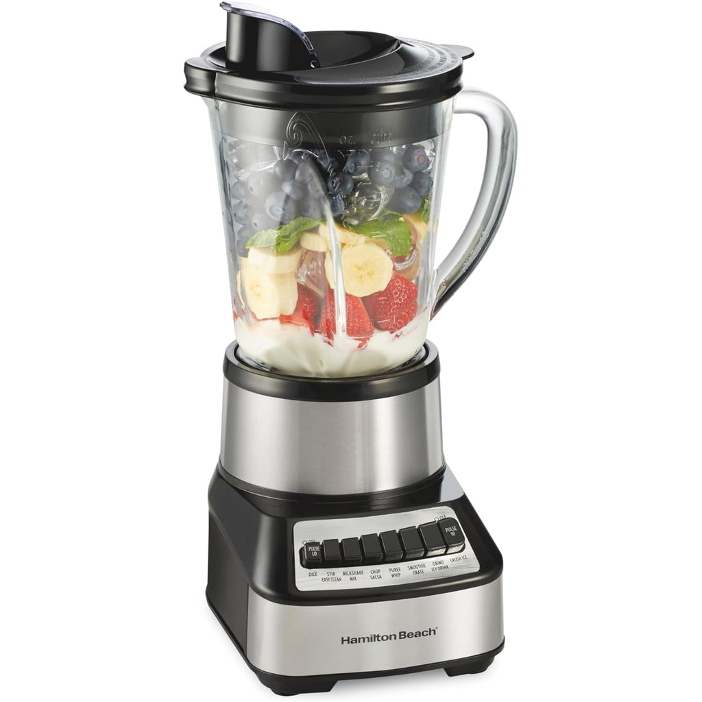 Hamilton Beach Wave Crusher Blender For Smoothies With 40 Oz Glass Jar and 14 Functions, Ice Sabre Blades & 700 Watts for Consistently Smooth Results, Black + Stainless Steel (54221)