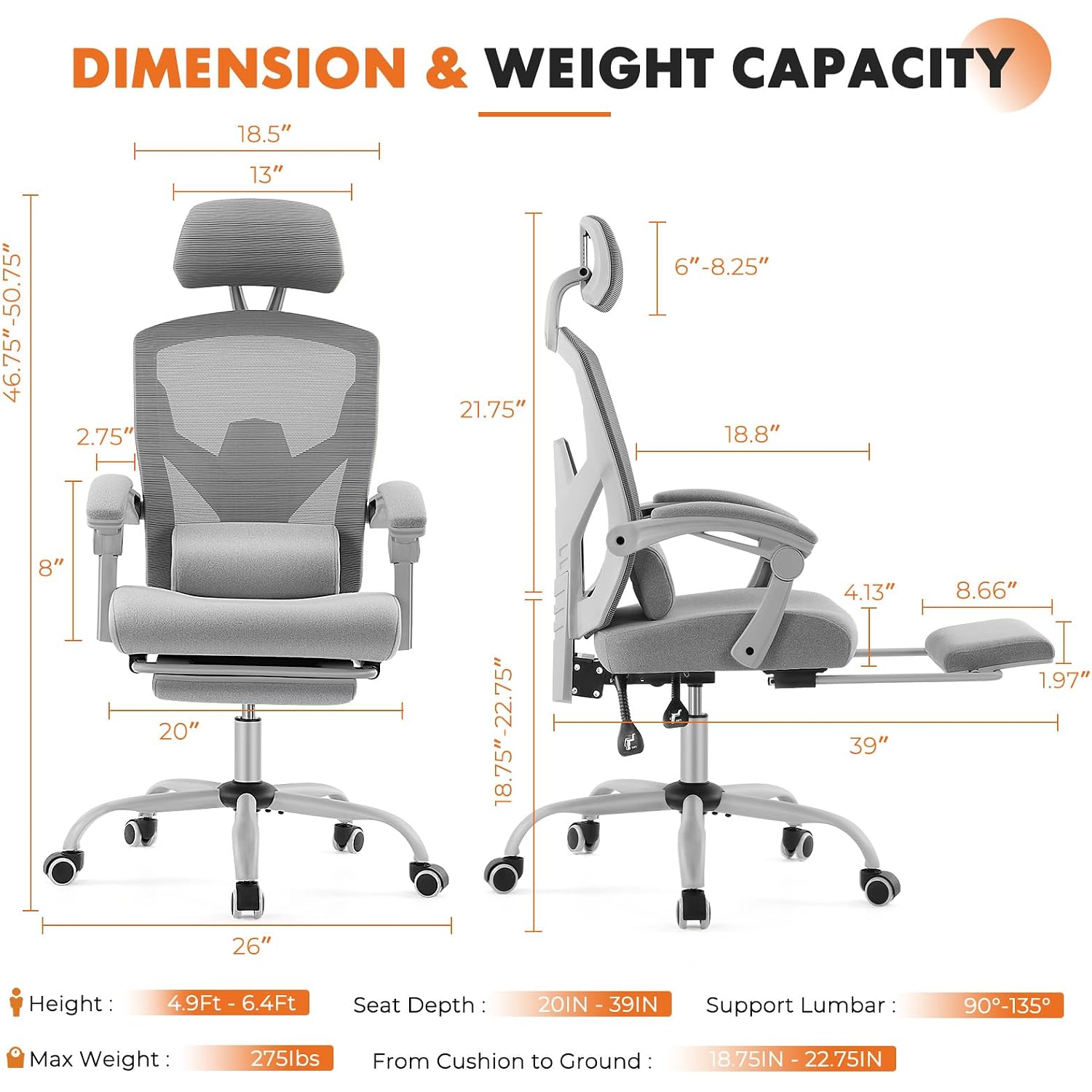 Sweetcrispy Office Computer Desk Chair With Footrest,Ergonomic High-Back Mesh Rolling Work Swivel Chairs With Wheels,Comfortable Lumbar Support,Comfy Arms For Home,Bedroom,Study,Student,Light Grey