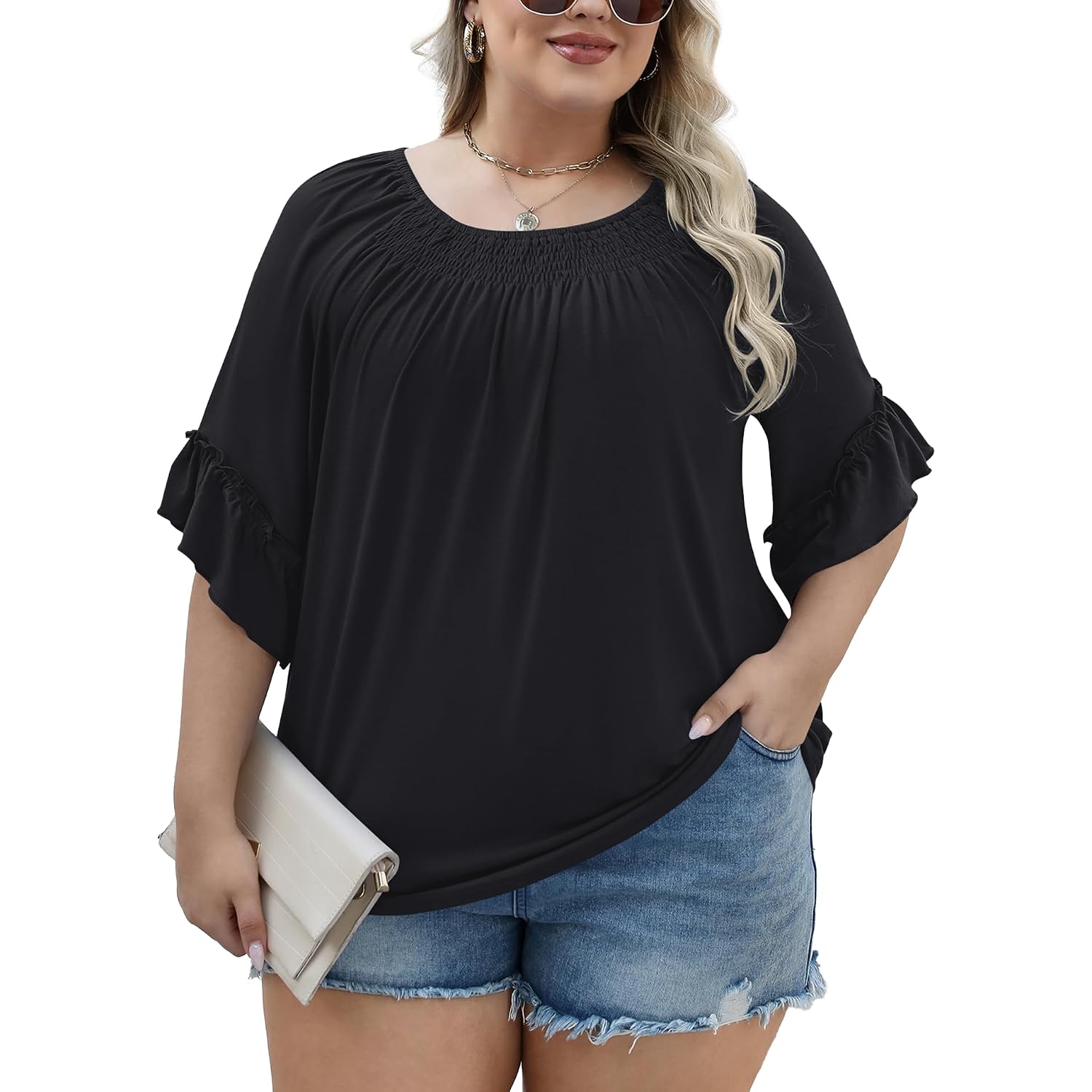 Micoson Womens Plus Size Tops 3/4 Ruffle Sleeve Shirts Crewneck Pleated Blouses Dressy Casual Fashion Tunic Top (1X-5X)