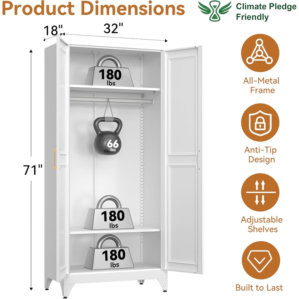 Metal Armoire Wardrobe Closet With Doors And Shelves, 71" Tall Freestanding Wardrobe Cabinet For Hanging Clothes, Large Closet With Hanging Rod For Bedroom, Office, School, Employee, Gym, White