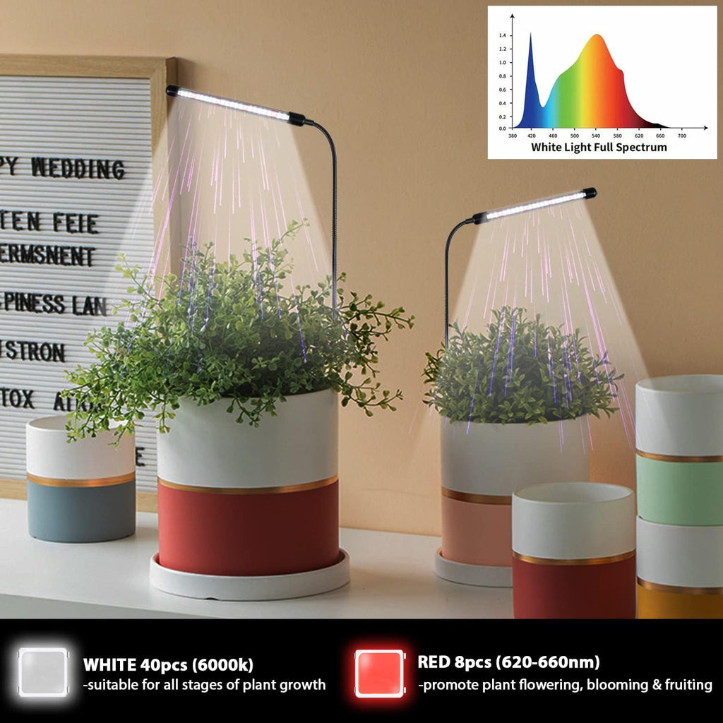 Grow Light For Indoor Plants Growing, 6000K Full Spectrum Gooseneck Plant Lamp For Seedings Succulents Small Plants, Auto On/Off Timing & 5 Dimming, 1-Pack