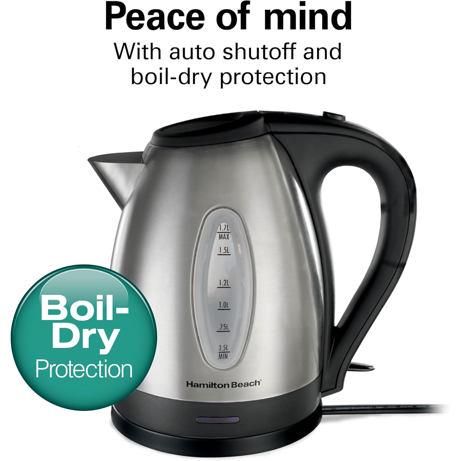 Hamilton Beach Electric Tea Kettle, Water Boiler & Heater, 1.7 Liter, Cordless Serving, 1500 Watts for Fast Boiling, Auto-Shutoff and Boil-Dry Protection, Stainless Steel (40880)