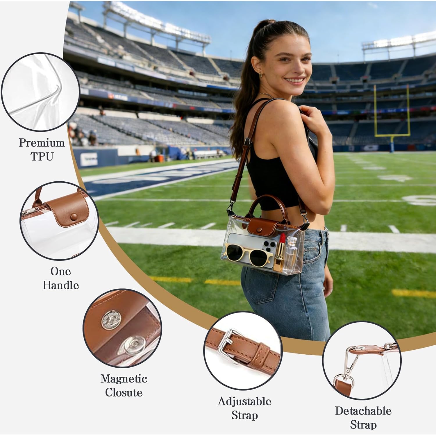 Ginogento Clear Bag for Stadium Events,Small Clear Purse Crossbody Bags for Women for World Cup 2026,Concert,Sport Events
