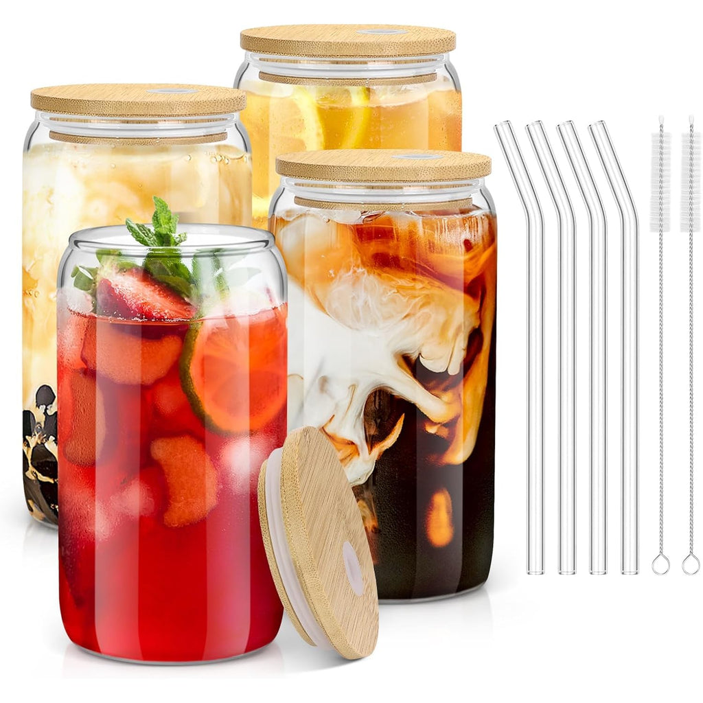 sungwoo 4PCS Glass Cups with Bamboo Lids and Straws, 16OZ Ice Coffee Cup, Drinking Cup set with Wooden Lids, Home Essential Glass Tumblers for Beer, Cocktail, Tea and Latte Clear