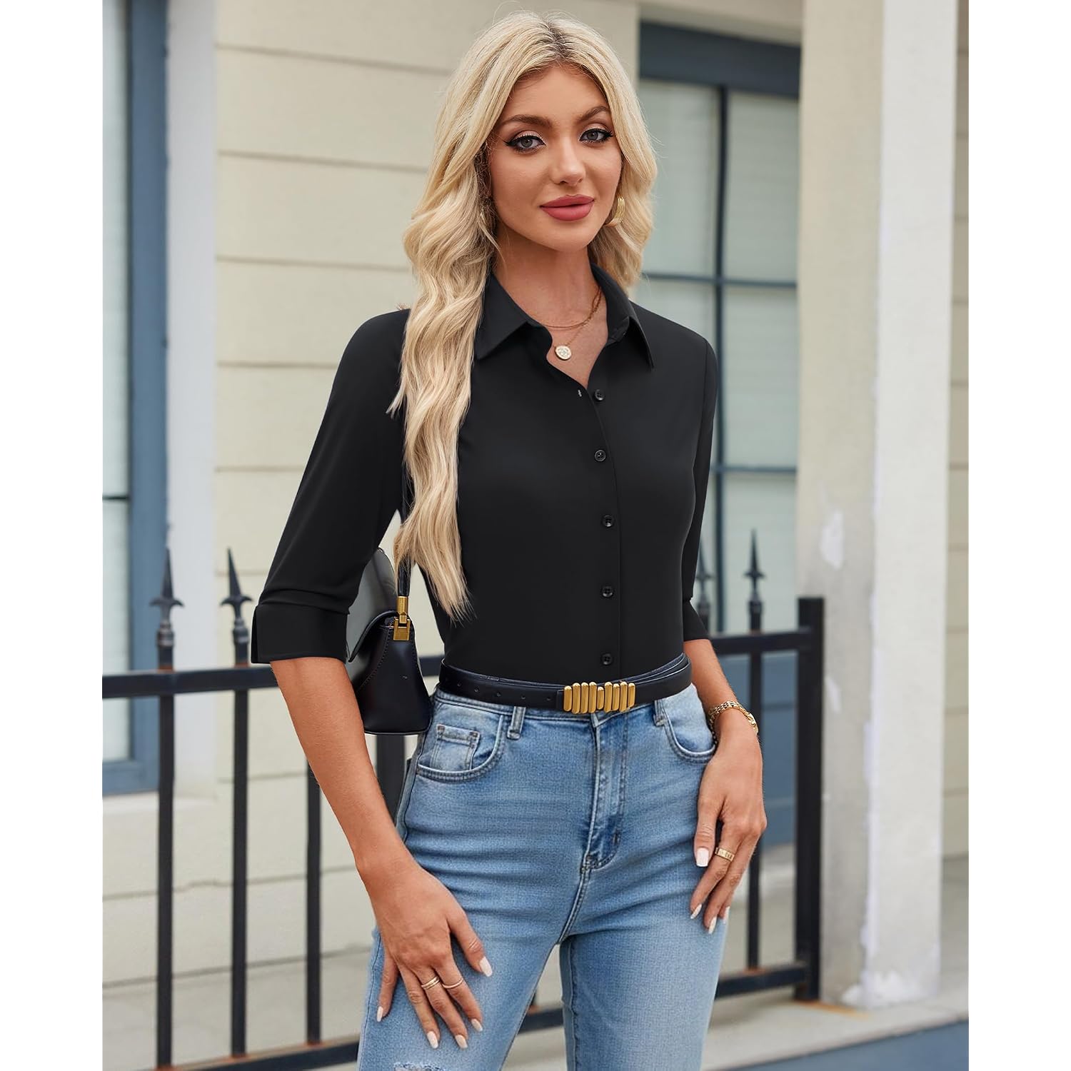 Siliteelon Button Down Shirts For Women 3/4 Sleeve Stretch Wrinkle Free Collared Dress Shirt Business Casual Tops Work Blouse