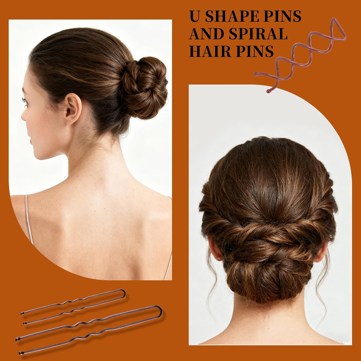 Teenitor Brown Bobby Pins Hair Pins Hair Net Kit, 11 Styles Bobby Pins For Women U Shaped Hair Pins, Hair Nets For Buns Spiral Pins, Hair Ties Hair Styling Tools For Women Girls Dance Ballet Brown