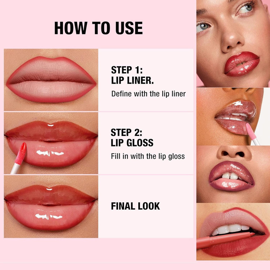 Retro Style Lip Set - Matte Lip Liner + Drip Glass Oil Lip Gloss, Long Lasting Waterproof, Easy Application for Natural or Glam Look, 2-in-1 Lip Makeup Kit for Women (01# light pink)