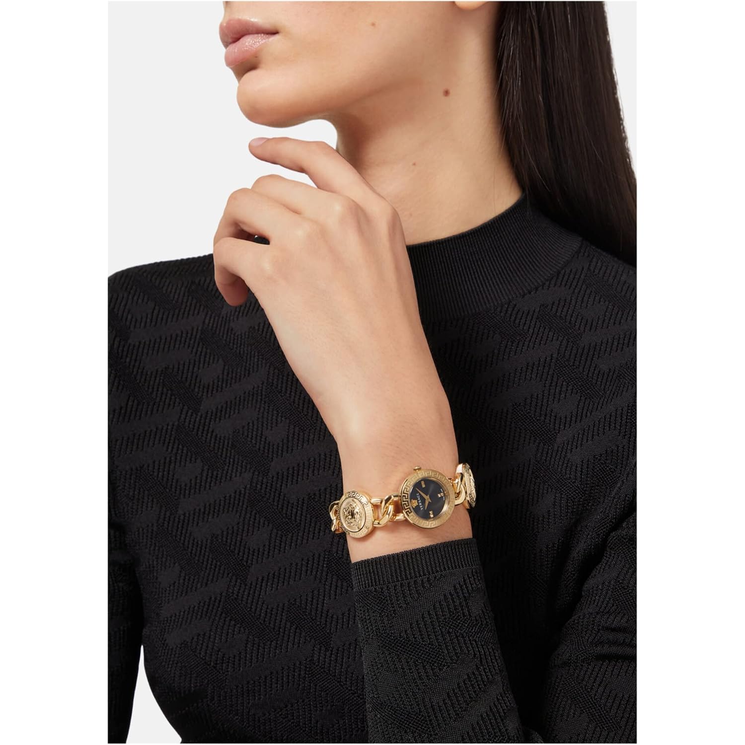 Versace Stud Icon Women'S Watch, 26Mm Ip Yellow Gold Case, Black Sunray Dial, Gold Tone Bracelet, Swiss Quartz Movement, Jewelry Clasp, 3 Atm Water Resistant