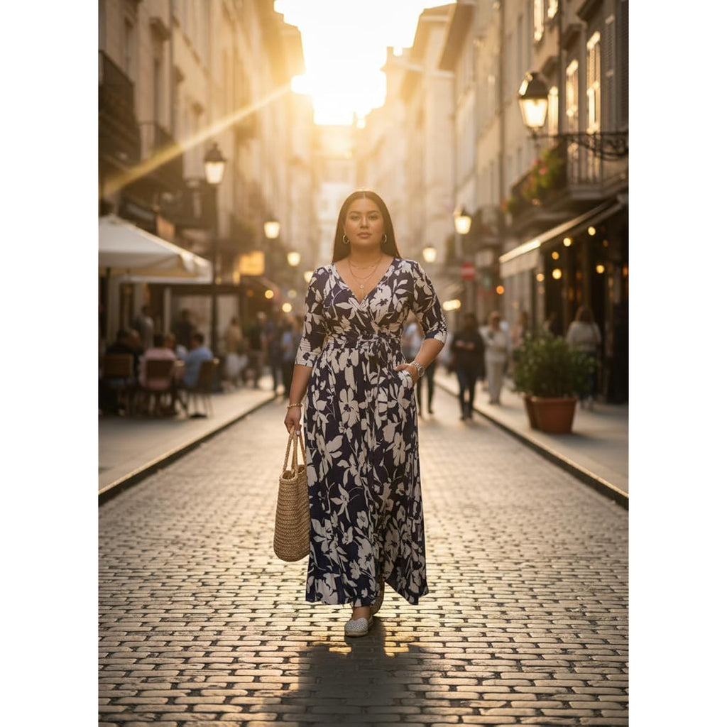 Yajedo Womens Casual Summer Maxi Dress Plus Size Sexy Wrap V Neck 3/4 Sleeve Sundress With Pockets