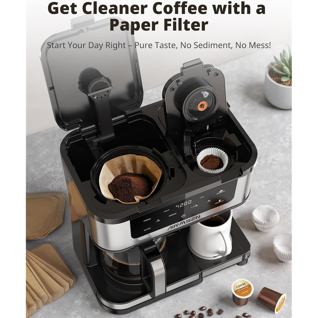 Airmsen 12-Cup Programmable Dual Coffee Maker – Single Serve Machine For K-Cup Pods & Ground, 1000W Fast Brew, Delay Start, 2H Keep Warm, Touchscreen, 60Oz Tank, Glass Carafe – Home & Office