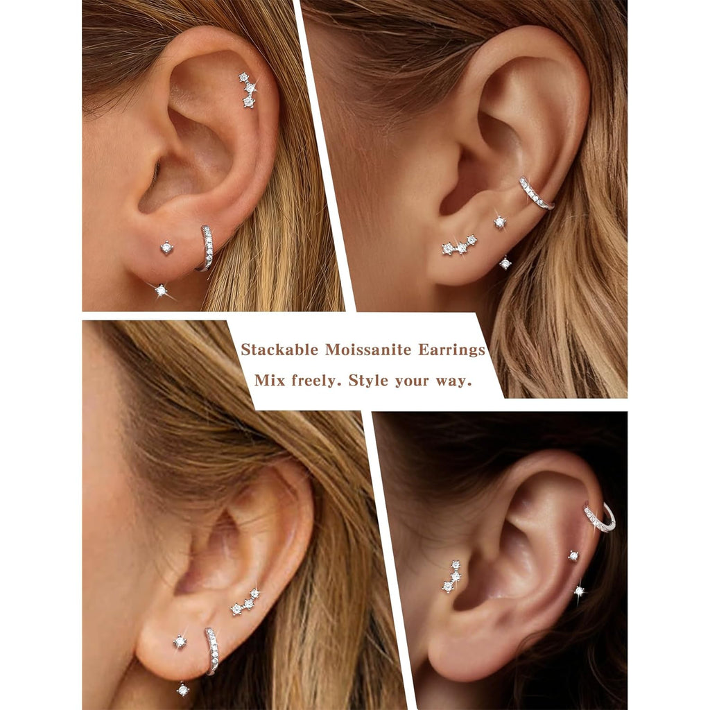3 Pairs Moissanite Flatback Stud Jacket Stack Earrings Set for Women, 925 Sterling Silver Cartilage Earrings Set, Hypoallergenic Trendy Small Earrings