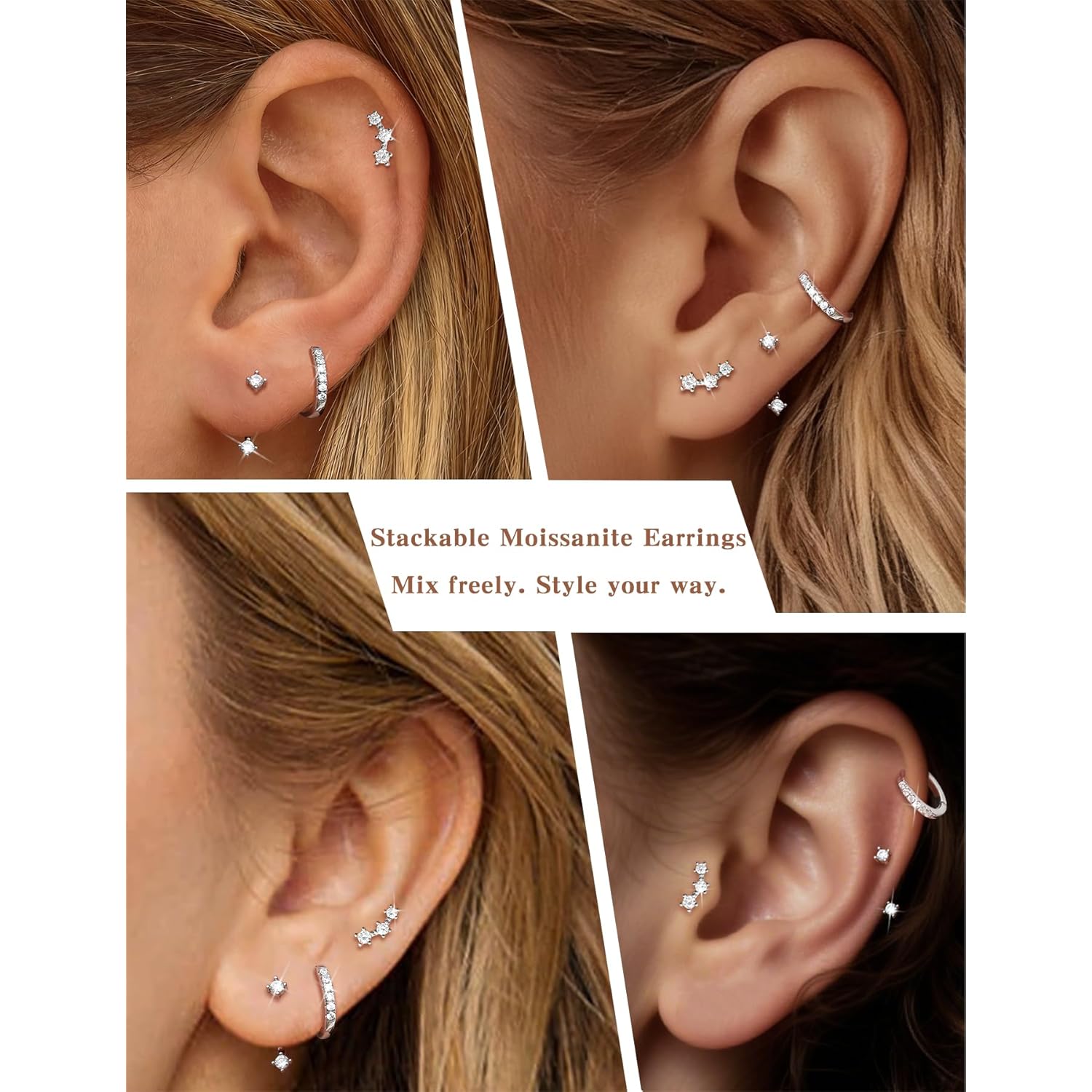 3 Pairs Moissanite Flatback Stud Jacket Stack Earrings Set for Women, 925 Sterling Silver Cartilage Earrings Set, Hypoallergenic Trendy Small Earrings