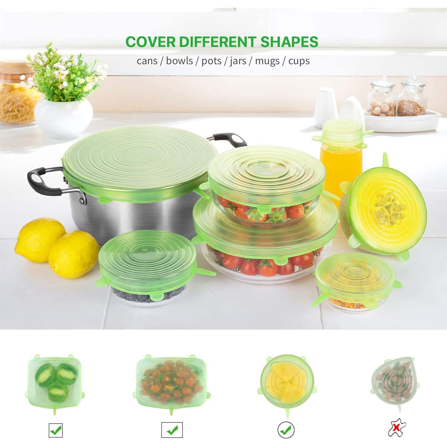 Silicone Stretch Lids for Food Storage in Fridge, 12 Pack Silicone Lids, Reusable Food Grade Silicone Bowl Covers for Cups, Bowls and Dish, 6 Sizes Round and Rectangle Shape