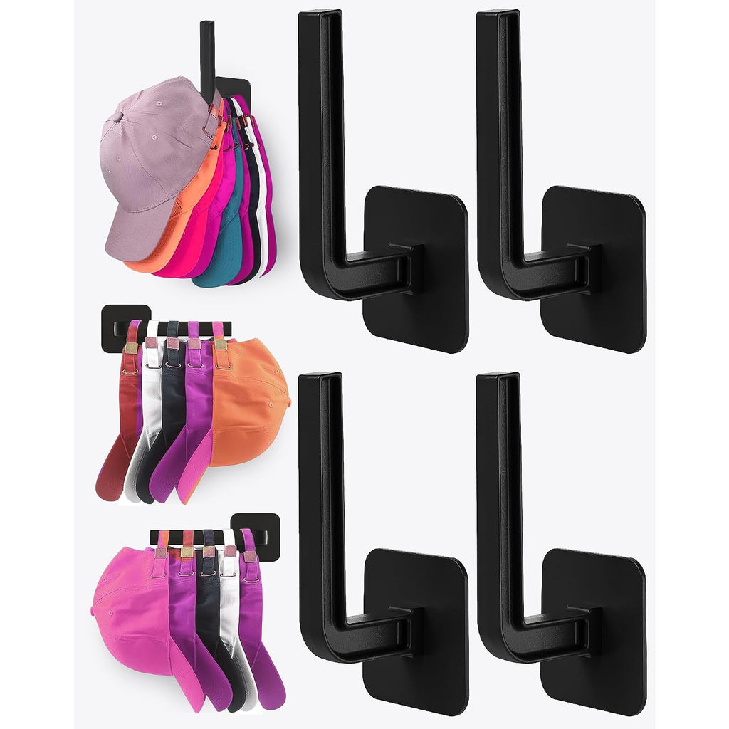 Hat Rack For Hat Storage (4-Pack), Multi-Purpose Hat Organizer, Strong Adhesive Hat Hooks For Wall Organizer For Baseball Caps, Two Mounting Options Hook, Black
