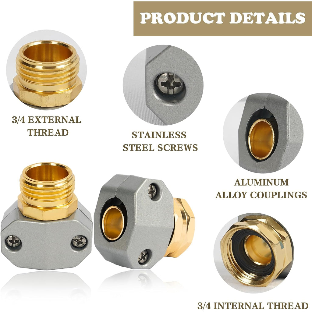 Hourleey Garden Hose Repair Kit, 2 Sets Aluminum Alloy Garden Hose End Mender, Male And Female Water Hose Repair Fittings, Fit 5/8" And 3/4" Connector, With 4 Extra Hose Washers