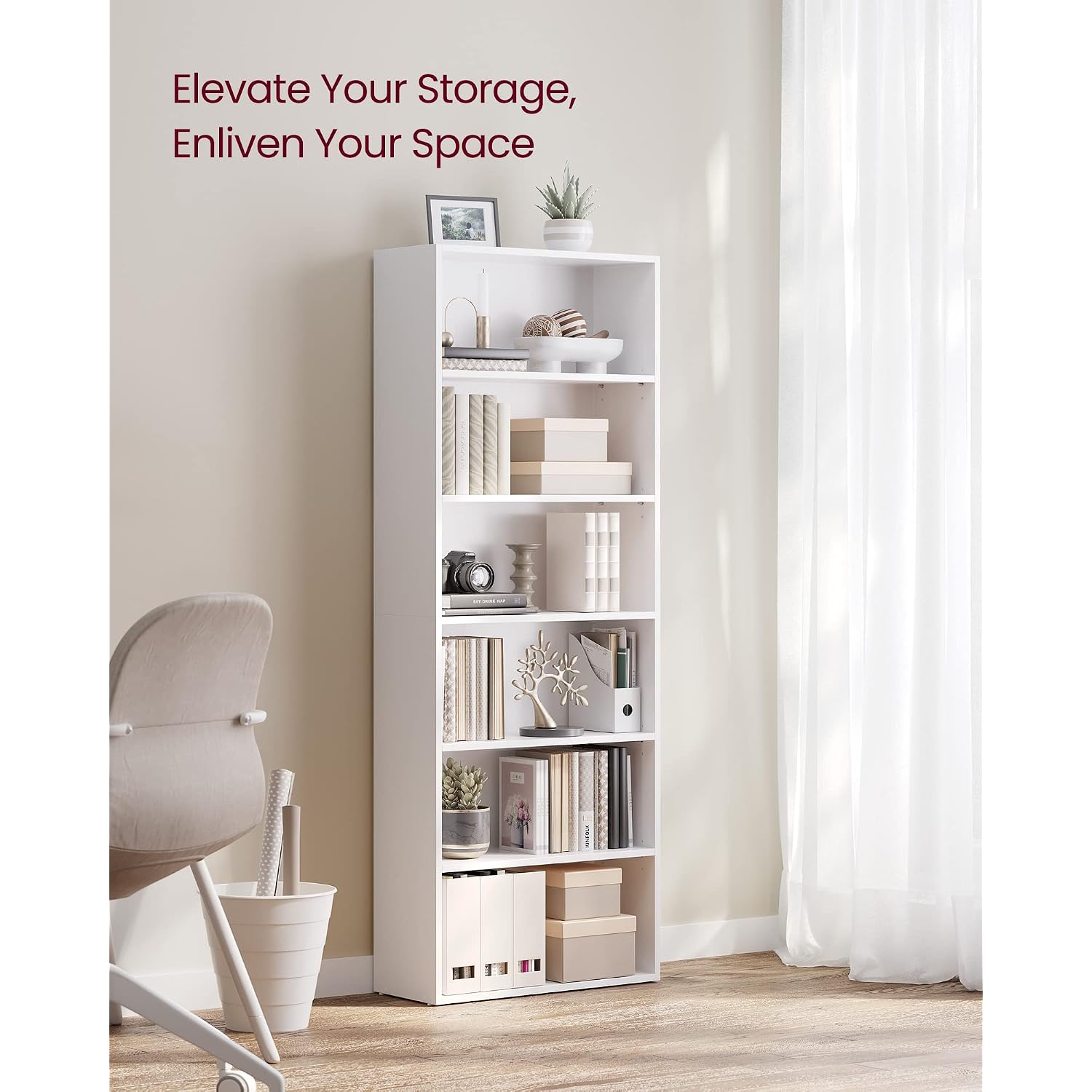 Vasagle Custos Collection - Bookshelf, 6-Tier Bookcase, Book Shelf, Open Storage Shelf, 9.4 X 23.6 X 63.3 Inches, For Living Room, Home Office, Dinning Room, Cloud White Ulbc166T14