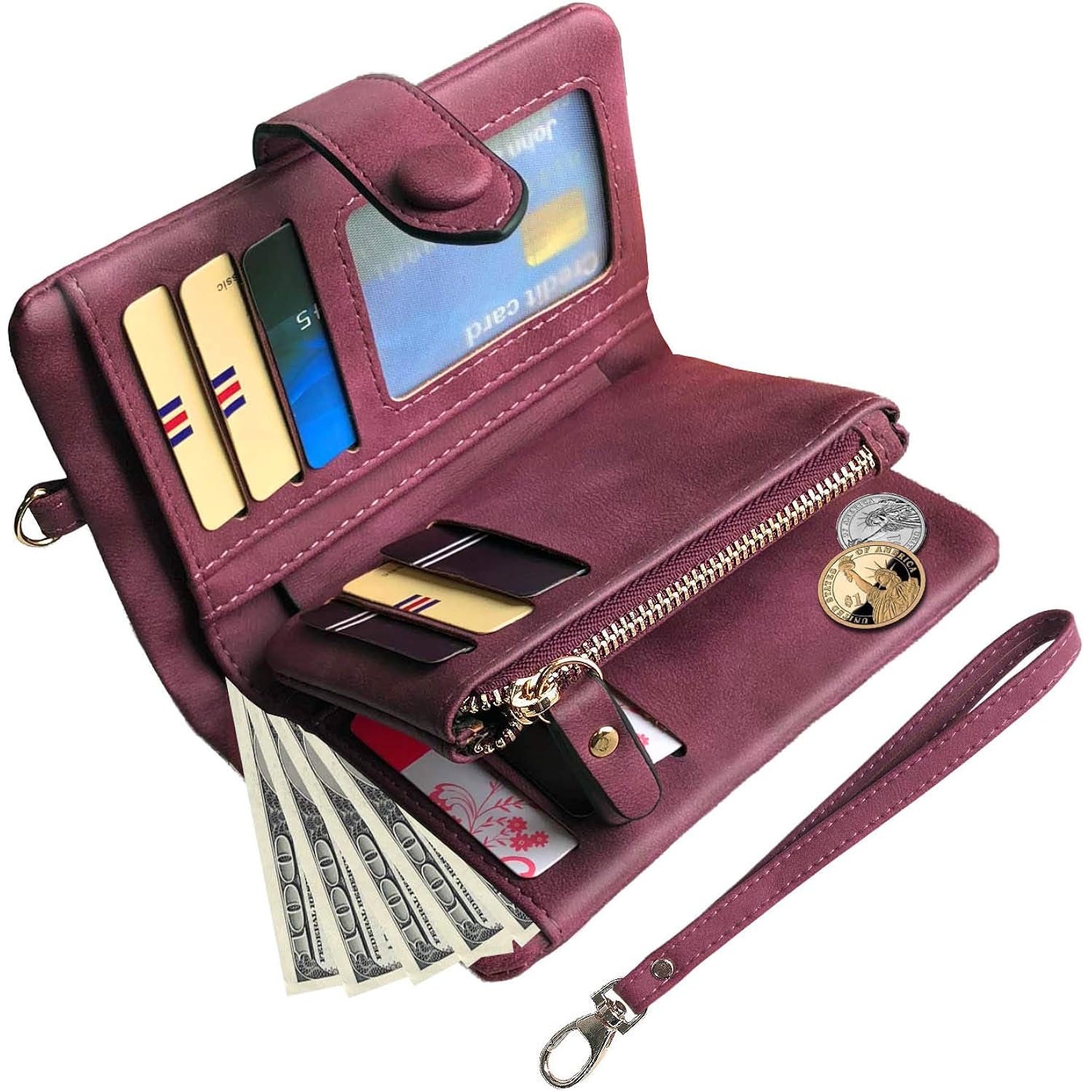 Pofeexio Womens Small Bifold Leather Wallets Rfid Ladies Wristlet With Card Slots Id Window Zipper Coin Purse | Small