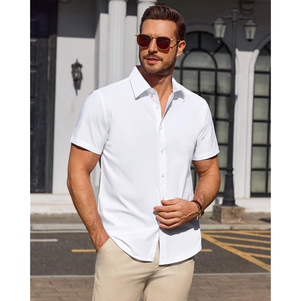 Men'S Short Sleeve Dress Shirts Stain Shield Formal Button Down Shirt Business Casual Stretch Tops Dating Wedding