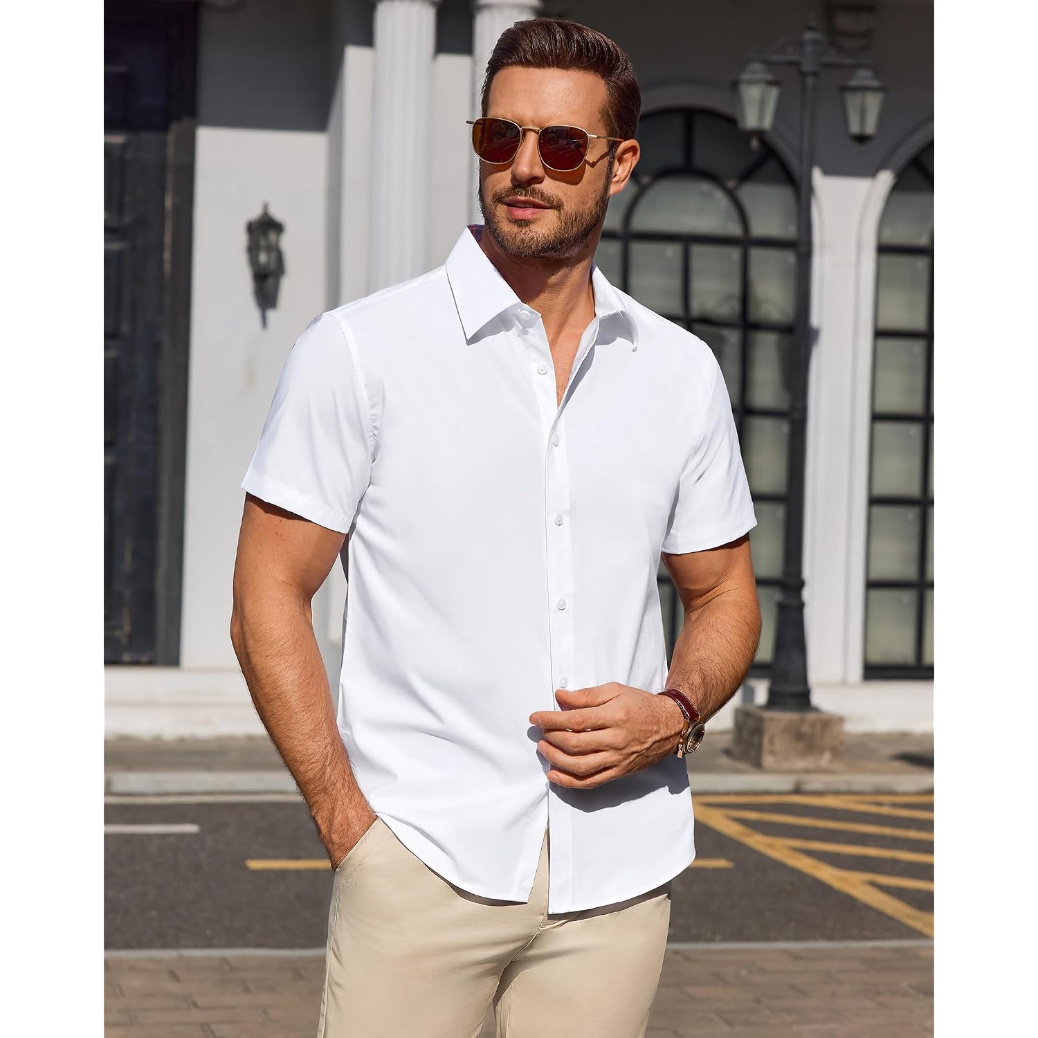 Men'S Short Sleeve Dress Shirts Stain Shield Formal Button Down Shirt Business Casual Stretch Tops Dating Wedding