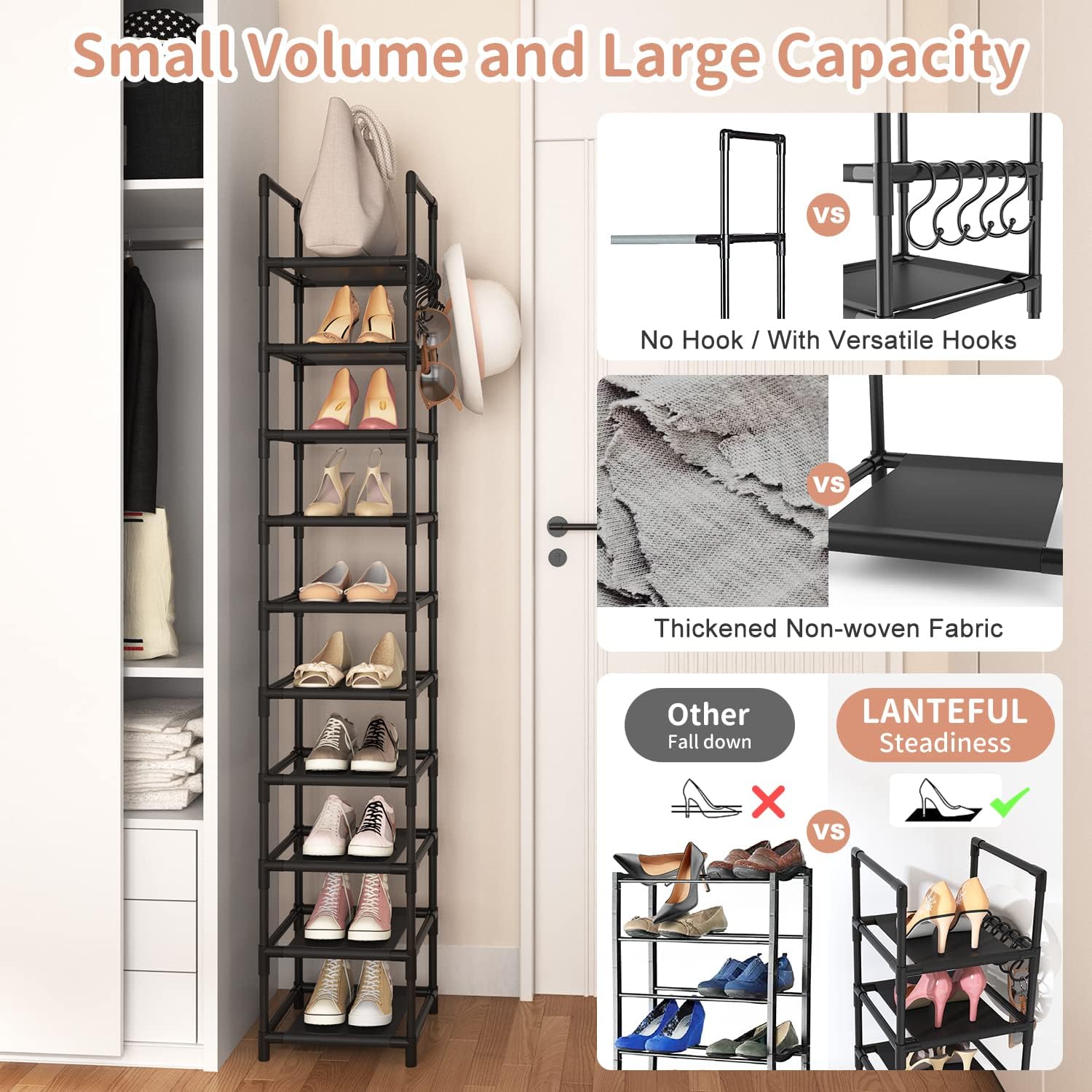 Tall Narrow Shoe Rack For Entryway, 10-Tier Sturdy Metal Shoe Shelf Storage 10-15 Pairs Of Shoes And Boots, Space Saving Corner Shoe Rack Organizer For Closet,Doorway,Garage,Living Room