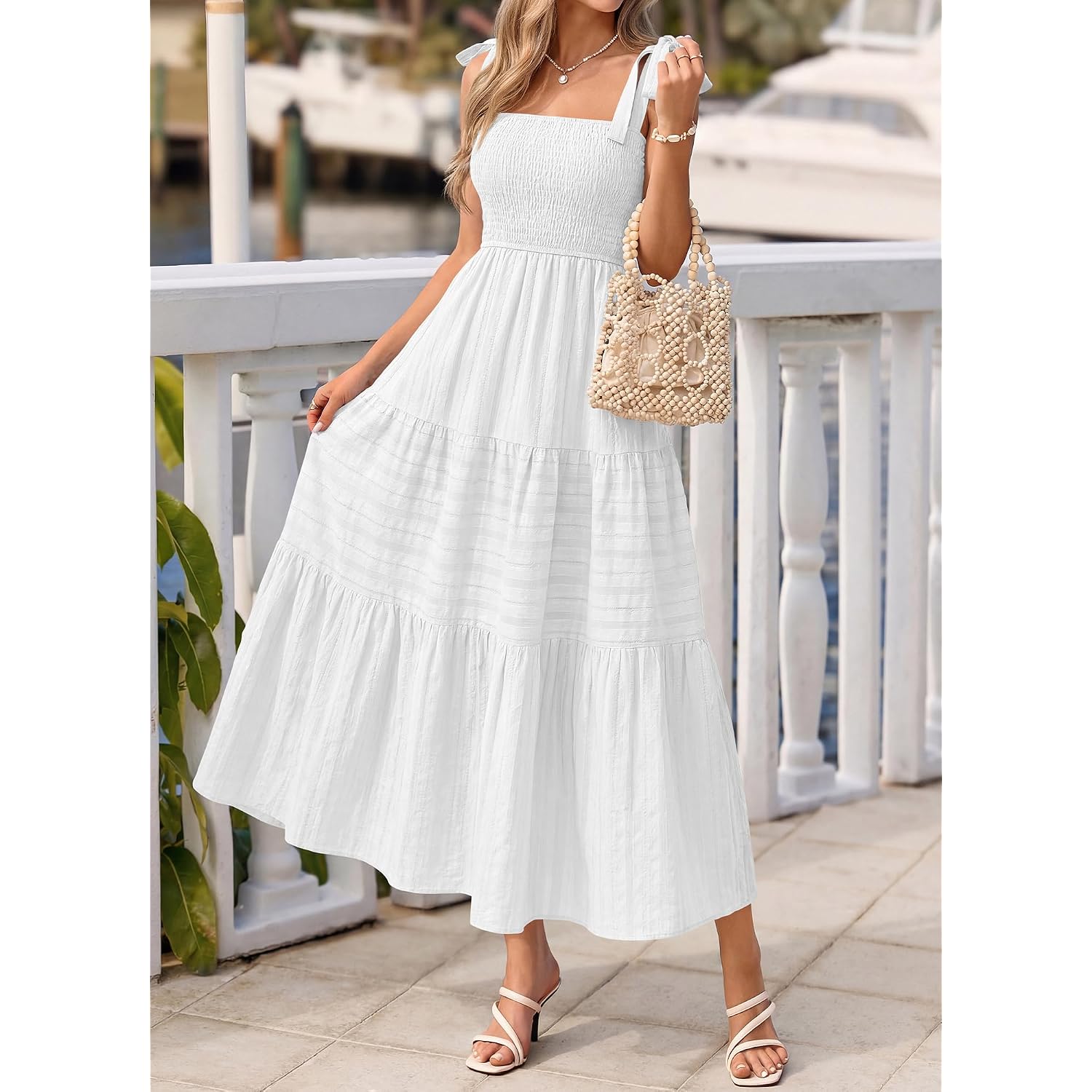 Btfbm Women'S 2026 Summer Boho Spaghetti Strap Dress Casual Sleeveless Smocked A Line Beach Sundress Long Maxi Dresses