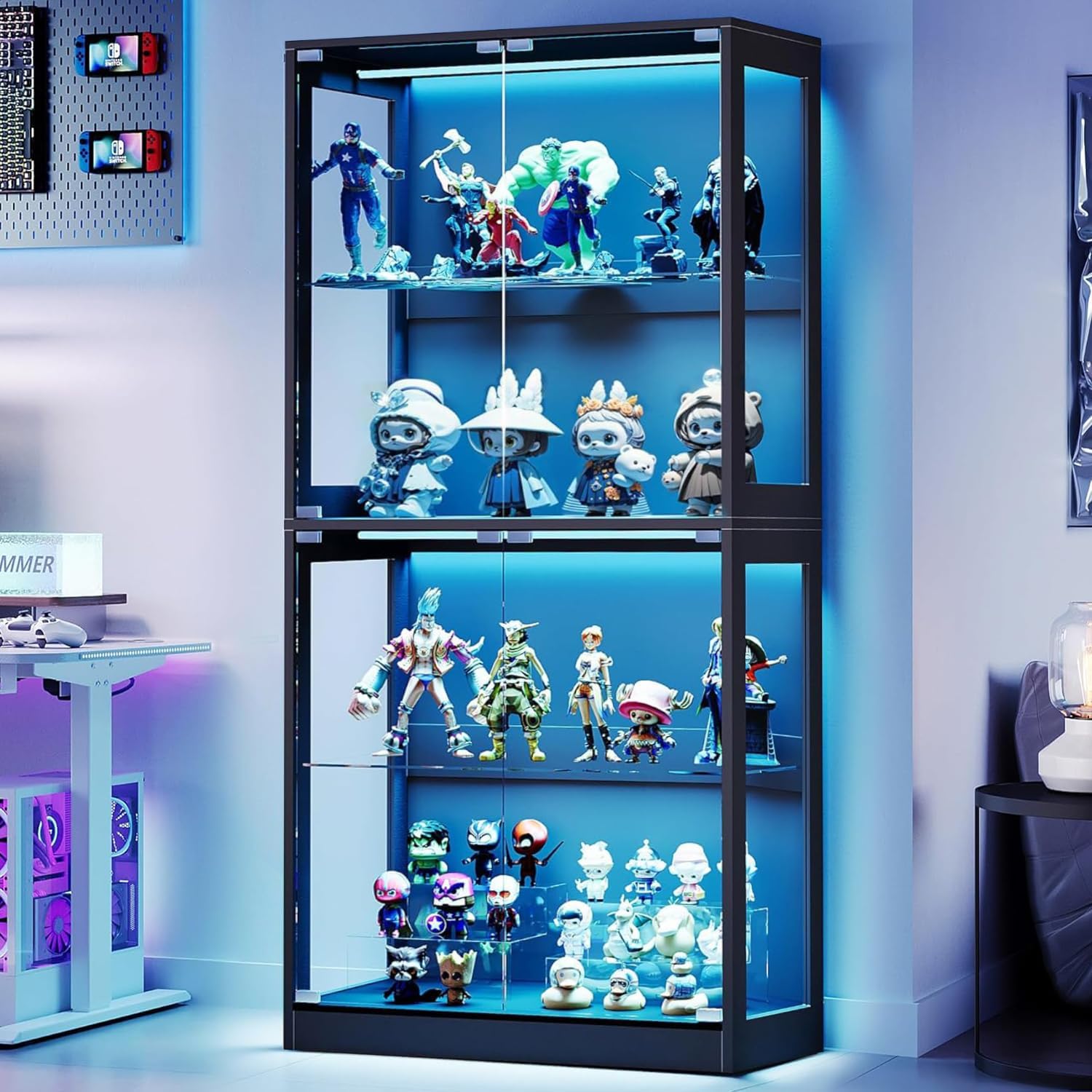 Amerlife 32-Inch Rgb Display Cabinet With Glass Shelves | 70 H X 32 W X 16 D In, 4-Tier Storage, Rgb Led Lights, Press-To-Open Doors, For Collectibles, Black