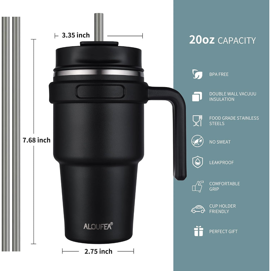 20 Oz Insulated Coffee Mug Tumbler With Handle, Stainless Steel Travel Mug Tumbler With Lid And Straw,Double Wall Vacuum Leak Proof Ice Coffee Thermal Cup, Black