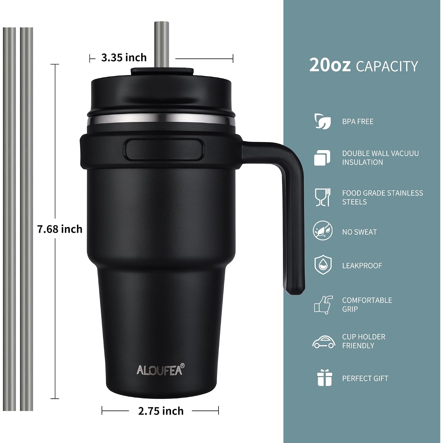 20 Oz Insulated Coffee Mug Tumbler With Handle, Stainless Steel Travel Mug Tumbler With Lid And Straw,Double Wall Vacuum Leak Proof Ice Coffee Thermal Cup, Black
