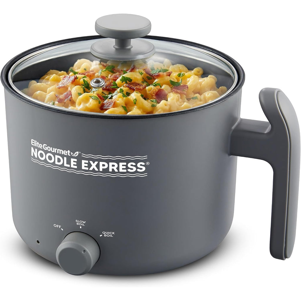 Elite Gourmet Noodle Express Electric Hot Pot, Prepare Noodles, Soups, Stews, Cool-Touch Handle, Ceralast™ Pfas-Free Ceramic Non-Stick, Tempered Glass Lid, 2 Heat Settings-High/Low, Grey